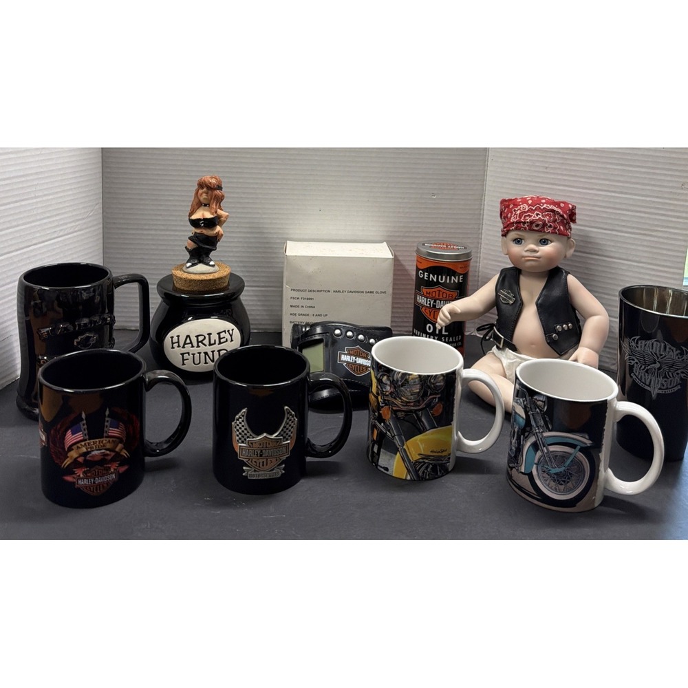 LOT/HARLEY DAVIDSON COLLECTIBLES ""SEE PHOTOS"GAMING GLOVE-6MUGS-PORCELAIN DOLL+